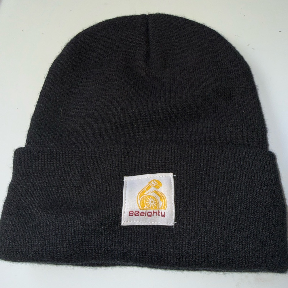 80eighty black knit beanie hat logo patch Automotive streetwear